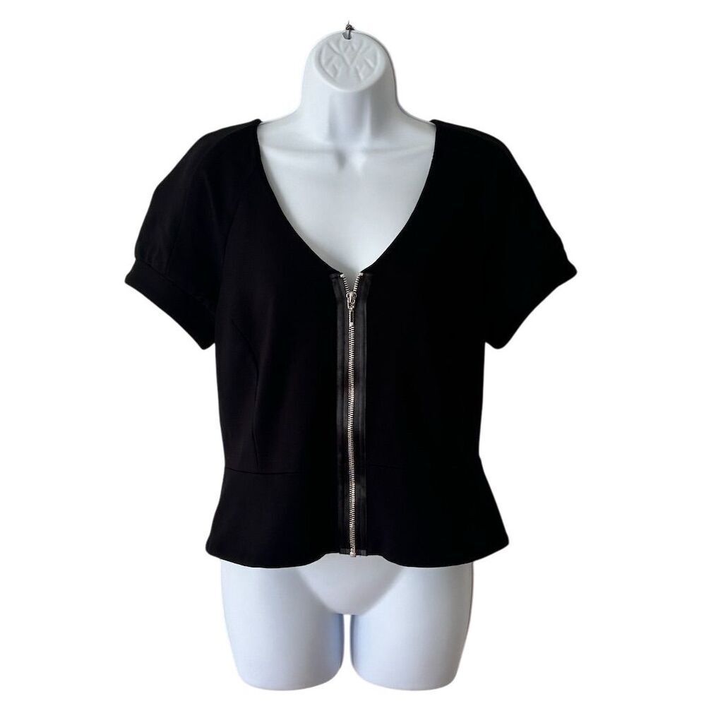 Kenneth Cole Reaction Women's Black Zip Front Short Sleeve Blouse 14